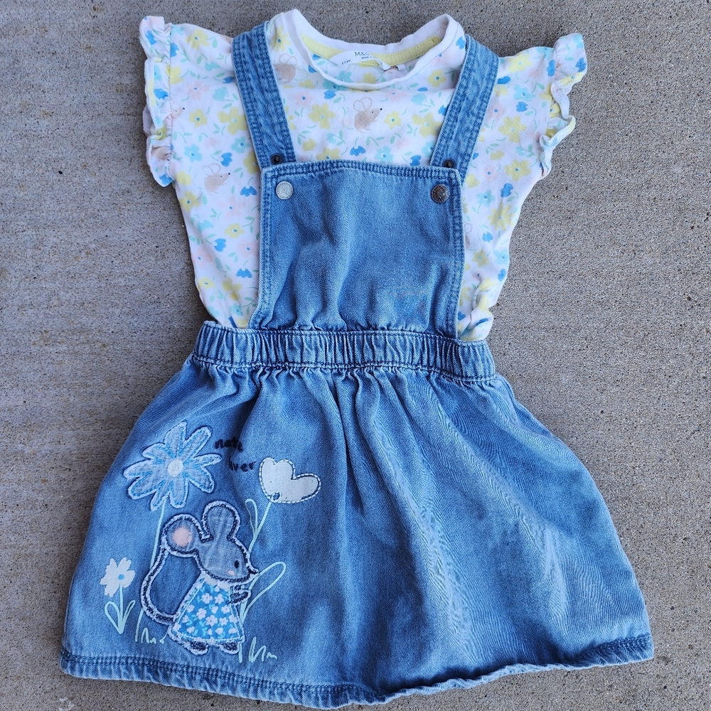 M&S Mice Mouse Denim Dungaree Dress & T-Shirt,‎ Cottage - Girls 2-3 Years